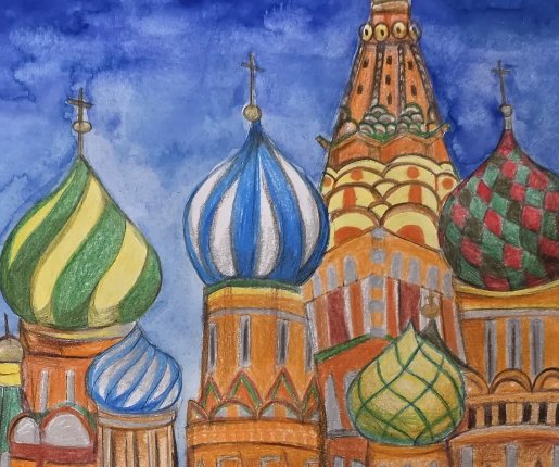 Close crop of a colored-pencil drawing of Saint Basil's Cathedral in Moscow, showing the patterned domes.