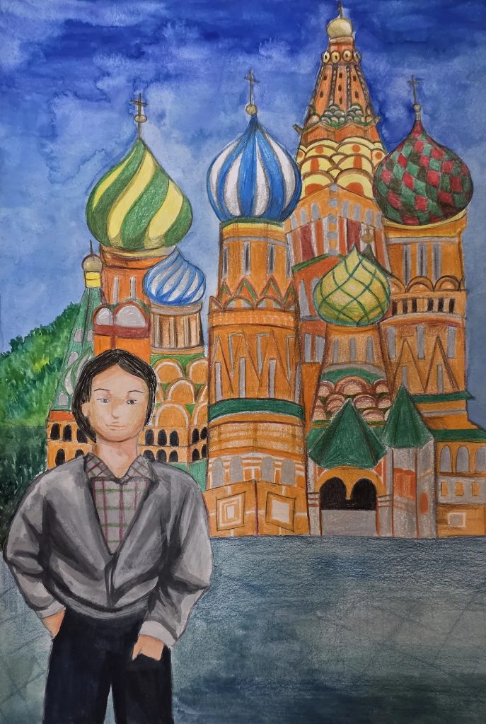 Colored-pencil and watercolor painting of a man standing before Saint Basil's Cathedral, redrawn from a family photograph. The sky is a saturated blue and the domes are richly patterned.