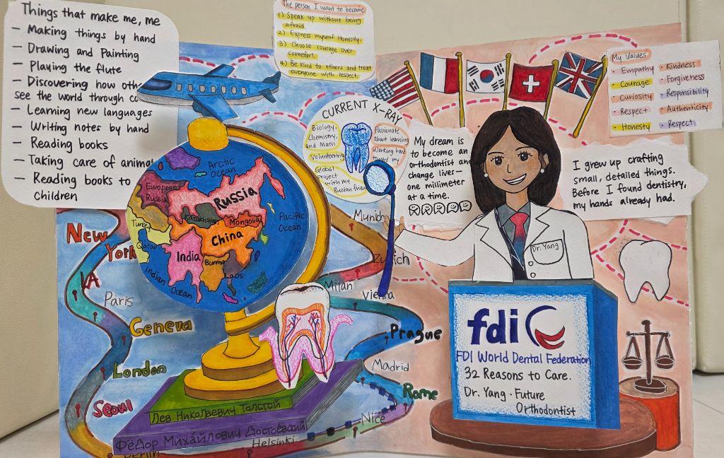 Front view of a hand-drawn dream board: a large blue globe with continents labelled in different scripts, a hand-drawn airplane, a woman in a lab coat at an FDI podium, flags of several countries, an X-ray sketch of a tooth, and handwritten notes on cut-out paper cards arranged in a connected web.
