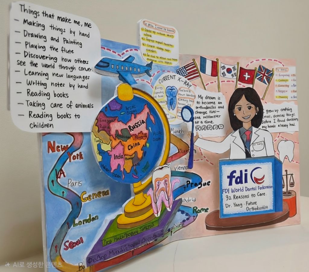 45-degree view showing that the dream board is a folded three-panel piece standing up on a surface, with cut-out cards popping out at different depths.